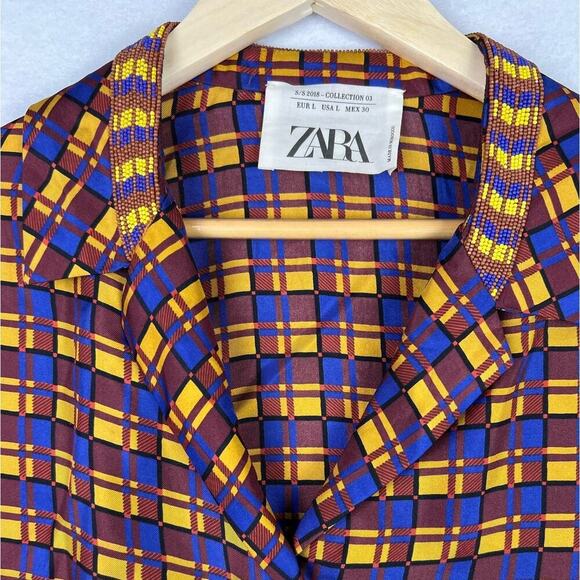 ZARA MULTICOLOR Checked FLOWY FLIP CUFF SILK SHIRT W BEADED NECK Button UP Large - Picture 4 of 10